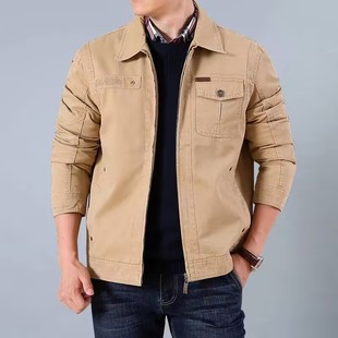 男士 茄克衫 宽松纯色翻领夹克男装 多袋工装 外套潮 纯棉大码 春季