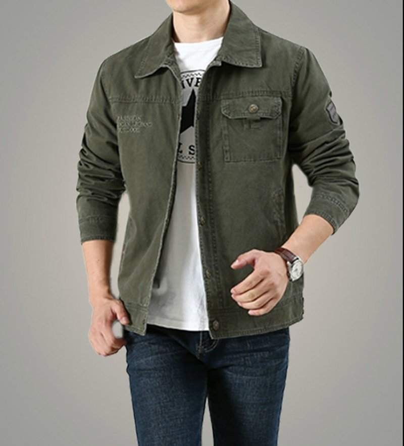 春秋新款夹克男春秋大码宽松纯棉纯色茄克衫休闲秋季男装工装外套