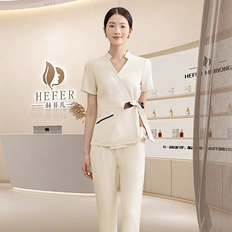美容师工作服秋冬月子会所专业气质养生医美高端新款杏色短袖套装