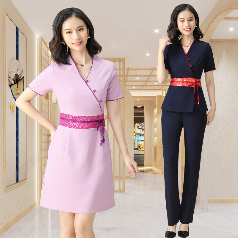 美容师工作服女夏季时尚连衣裙spa养生会所技师服足疗店气质套装