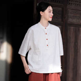 上衣女夏棉麻佛系茶服复古亚麻衬衫 国风盘扣唐装 禅意套装 新中式