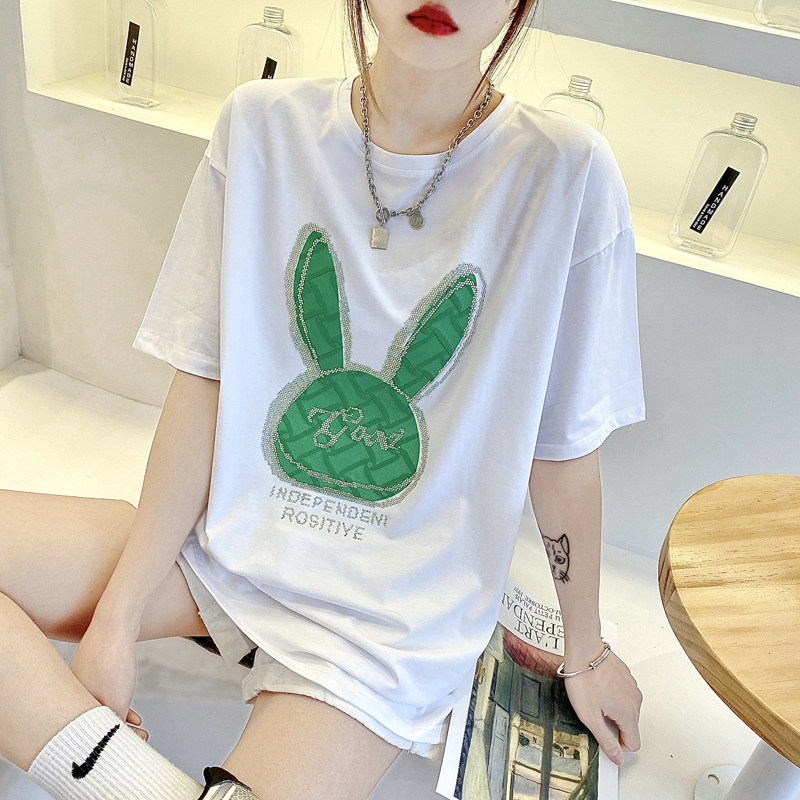 2023年新款夏季短袖t恤女ins潮网红爆款卡通圆领烫钻小衫纯棉上衣