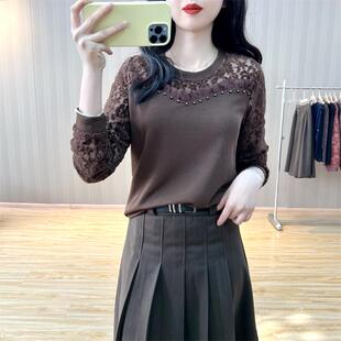 长袖 2025新款 女春季 时尚 t恤减龄百搭上衣 圆领洋气蕾丝拼接打底衫