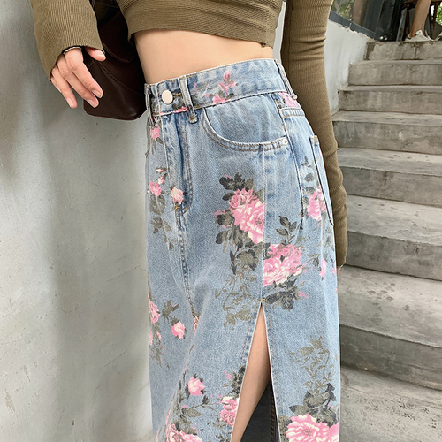 Side slit denim skirt for women spring and summer plus size fat mm high waist slim floral mid-length hip skirt