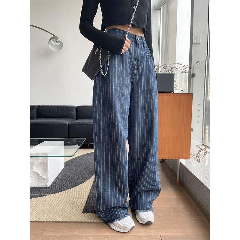 竖纹小众高腰牛仔裤女