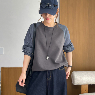 春秋新款假两件条纹拼接卫衣女秋季宽松慵懒风百搭显瘦上衣