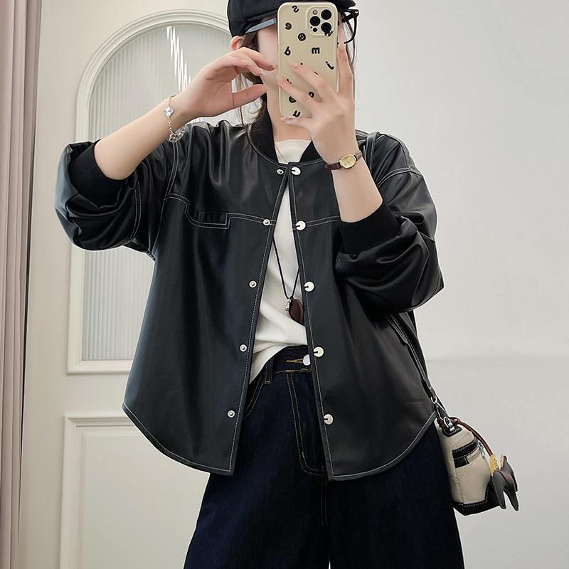 通勤风黑色PU棒球皮衣女显瘦