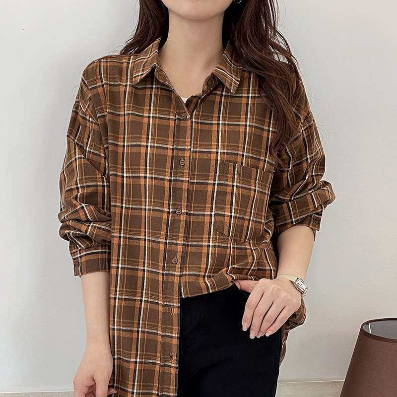 复古风格纹长袖宽松衬衫女