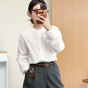 设计感小众小个子木耳边白色立领衬衫女长袖花边百搭宽松棉质上衣