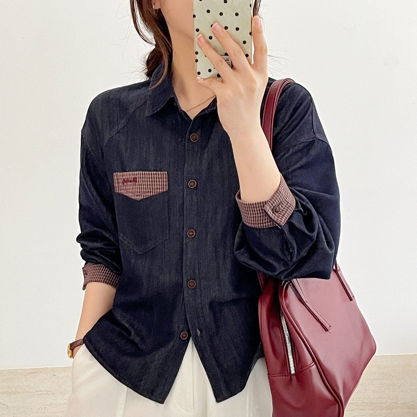 复古牛仔拼色宽松长袖衬衫女