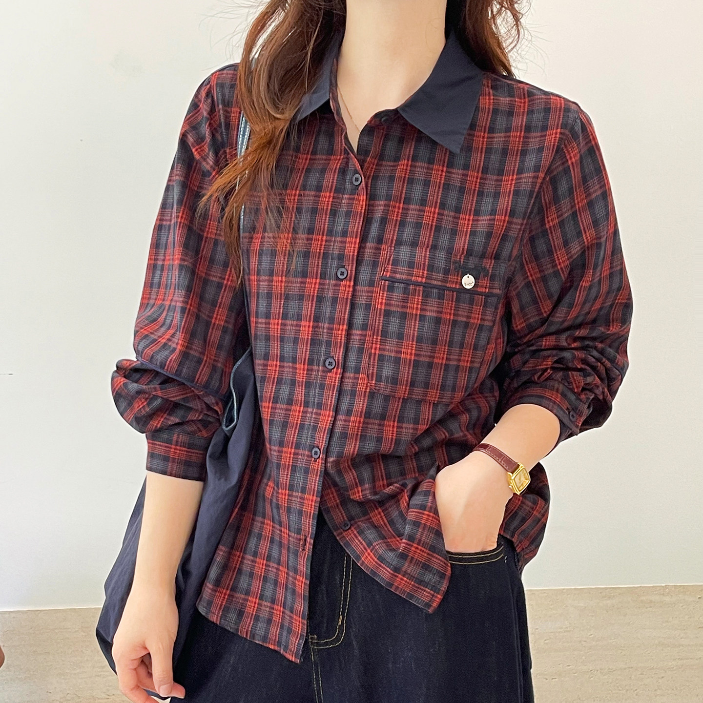 小个子复古格子宽松长袖衬衫女