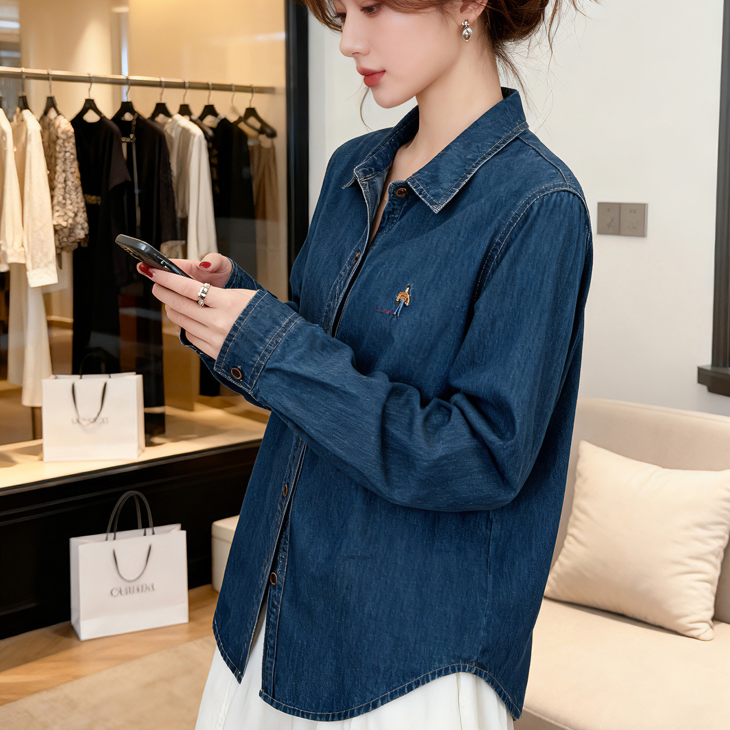 春秋新款复古刺绣牛仔衬衫女长袖宽松百搭显瘦休闲衬衣外套,女装/女士精品,衬衫,淘宝优惠券,粉丝福利购,淘宝优惠卷