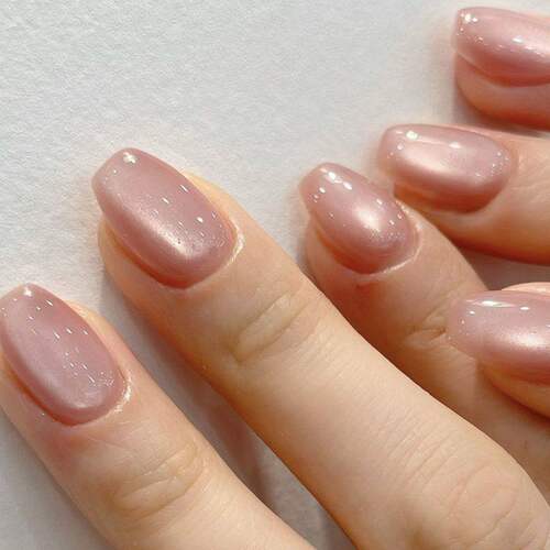 短梯形甲美甲甲片爆闪裸粉色猫眼纯色穿戴甲假指甲Press On Nails