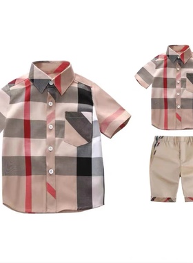 2022夏新款棉质男童英伦格子翻领衬衣短袖衬衫拼接格子短裤套装潮