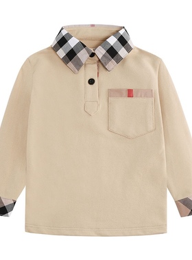 2022秋冬新款男童英伦格子拼色口袋polo衫长袖翻领T恤上衣打底衫