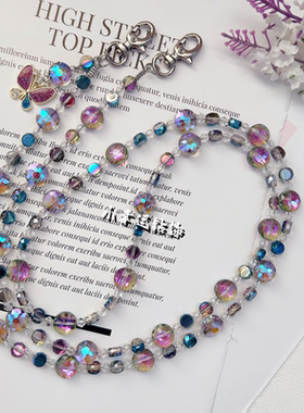 原创设计渐变紫色蝴蝶水晶手机挂链斜跨可背链条长款挂绳挂饰防摔