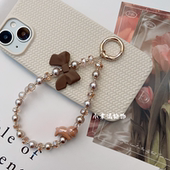 韩版 金香槟小兔子手机链防贝珍珠水晶挂链短款 挂件蝴蝶结包包挂饰