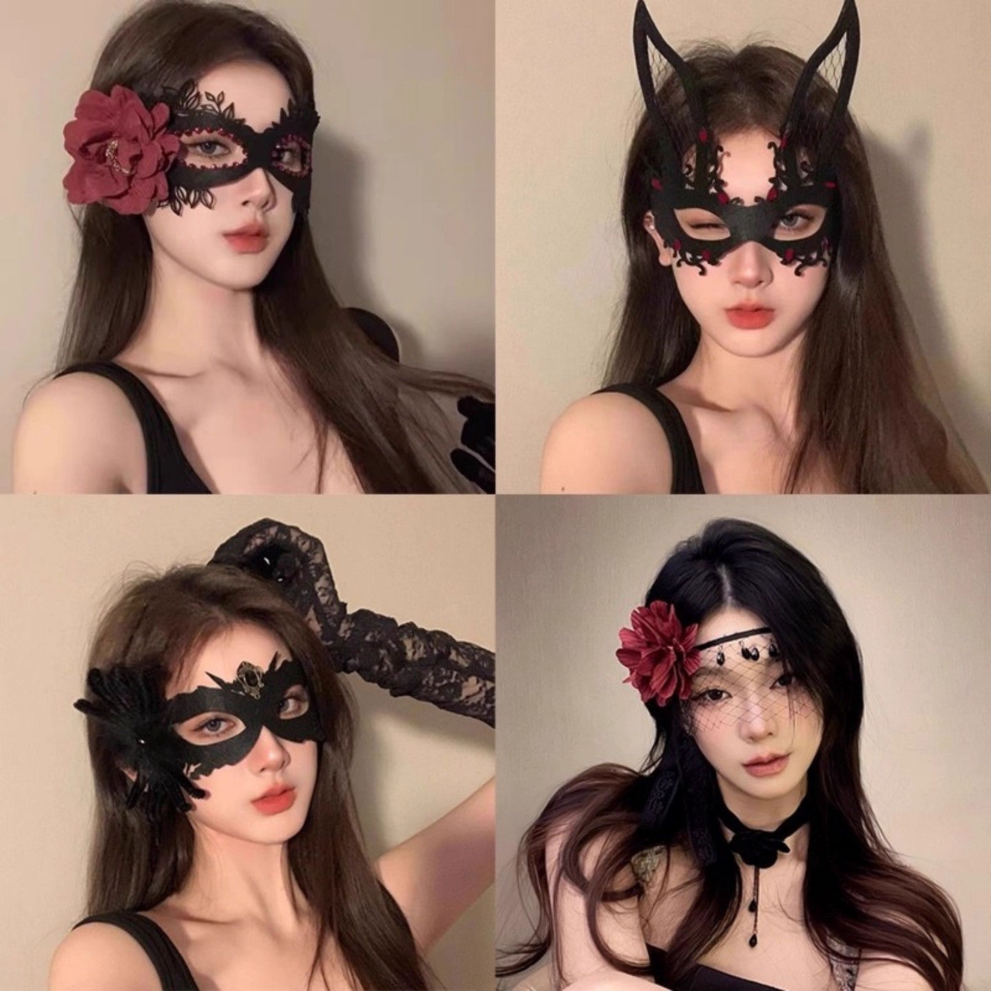 黑色花朵兔面具万圣节化妆舞会cos道具蕾丝眼罩派对遮脸个性面罩