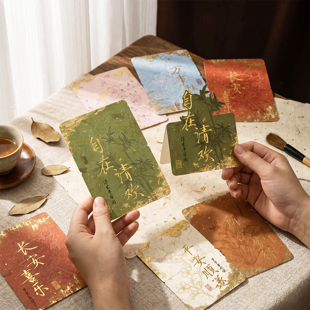 中秋节贺卡国风花卉祝福卡片节日通用礼品留言卡烫金立体手写卡片