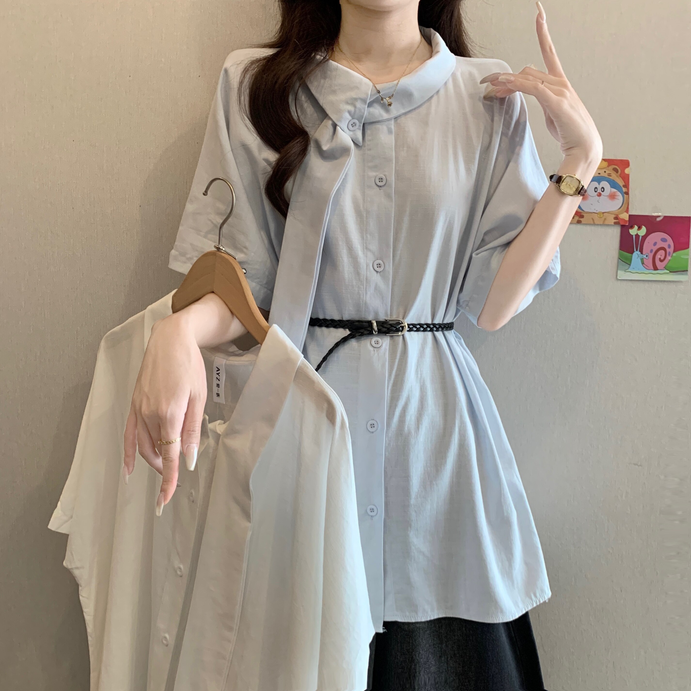 大码女装韩版飘带正肩休闲百搭衬衫胖妹妹上衣遮肚短袖上衣