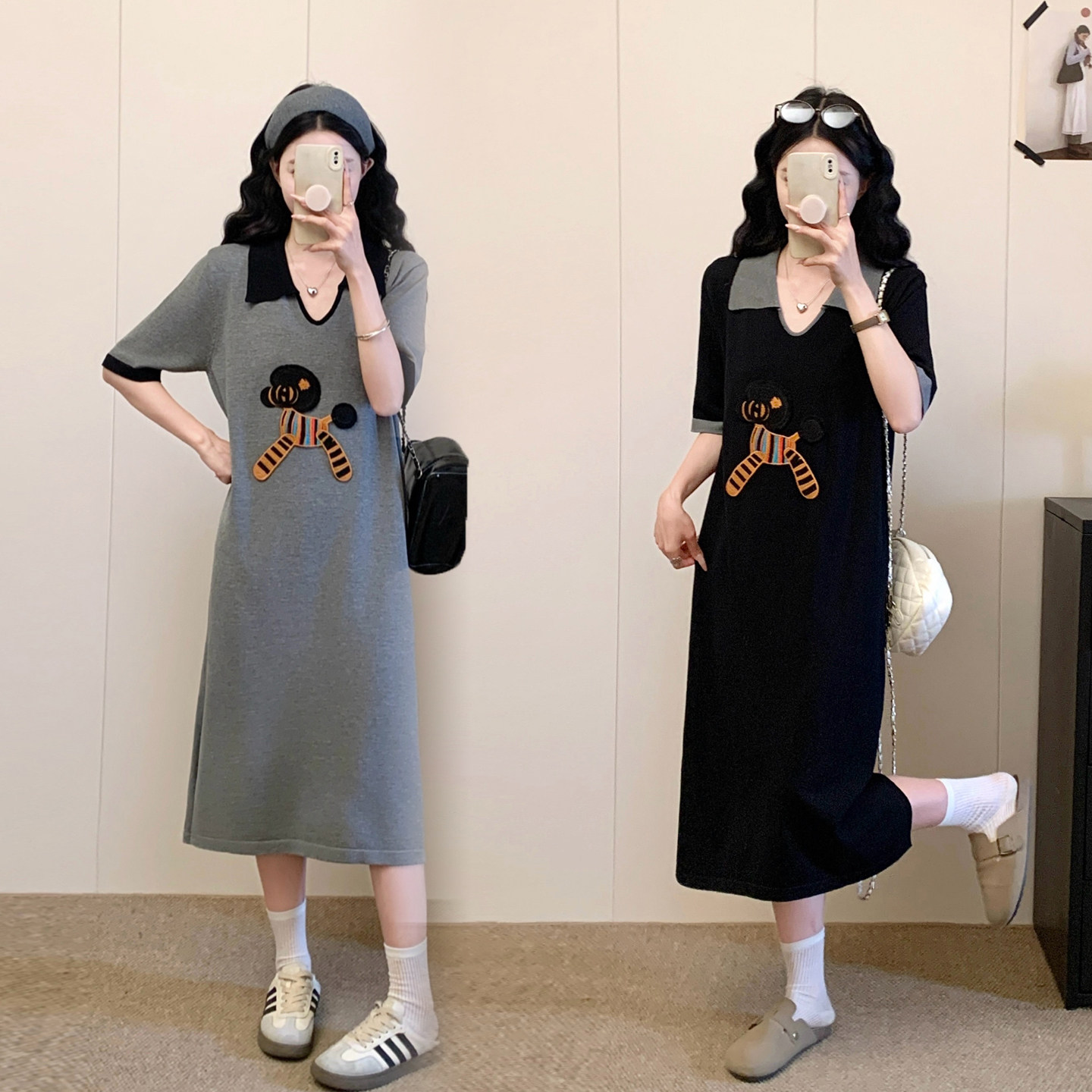 大码女装胖MM新款v领连衣裙女学院风刺绣卡通拼接针织连衣裙