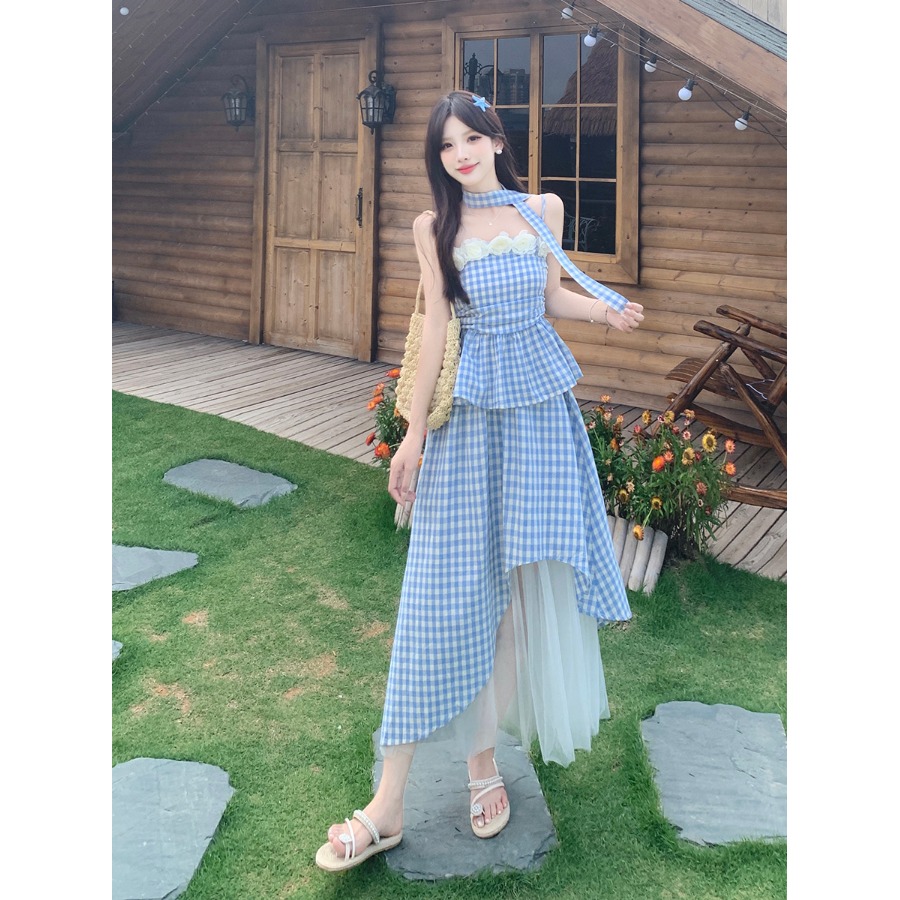 时尚套装宽松型夏季格子裙子