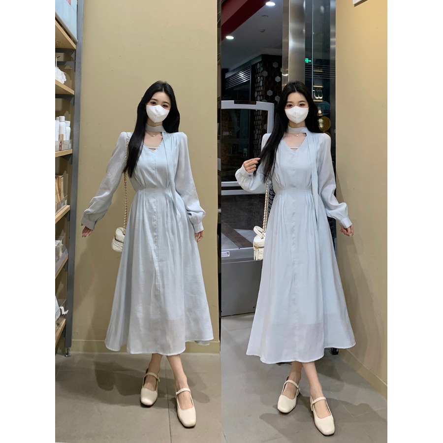 大码女装气质温柔风蓝色连衣裙