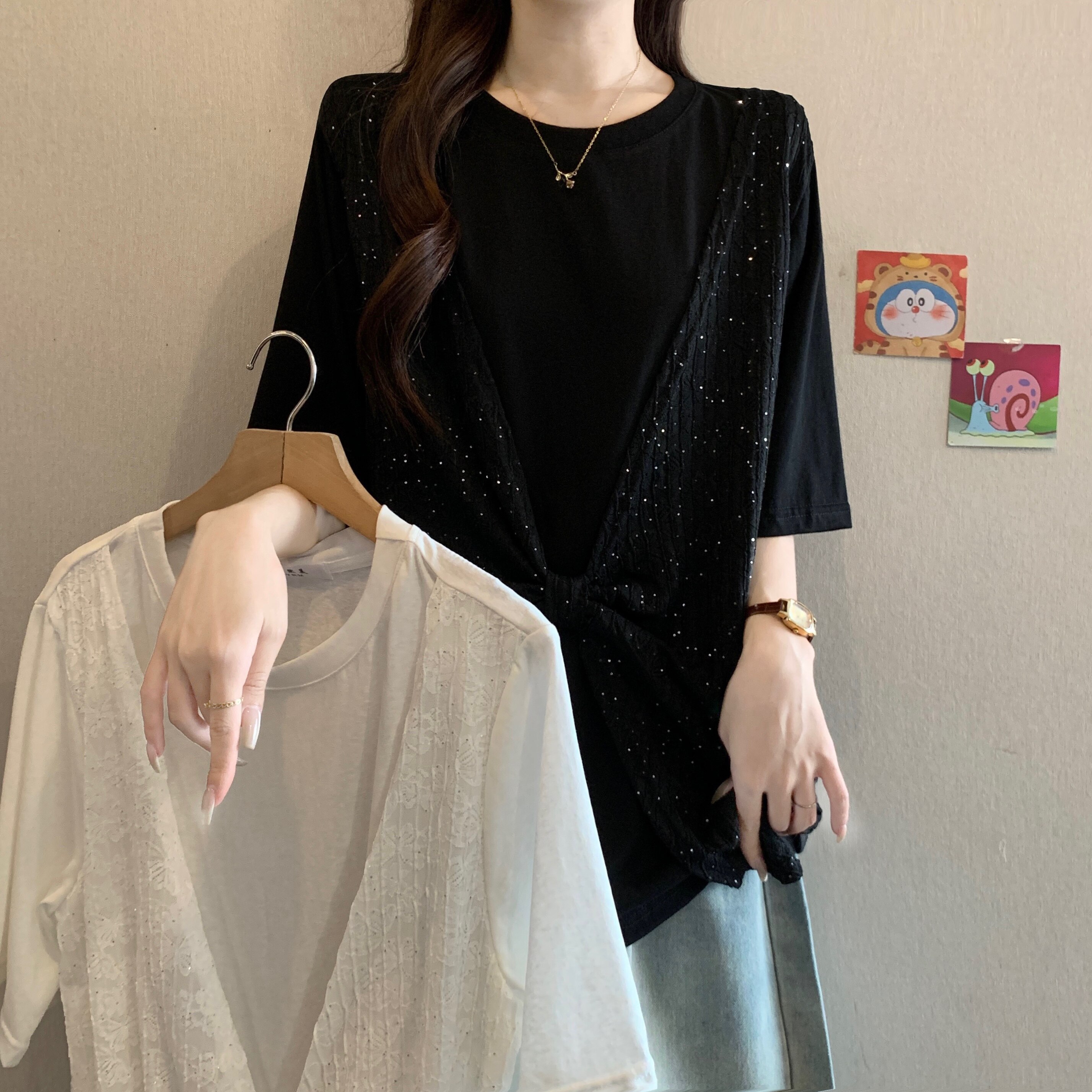 大码女装韩版设计感假两件这个亮片休闲T恤胖妹妹遮肚短袖