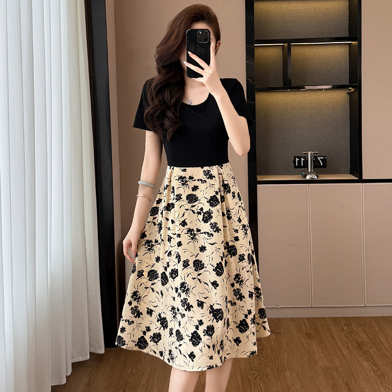 糖果儿时尚印花假两件套大码女装胖MM夏胖妹妹短袖修身显瘦连衣裙