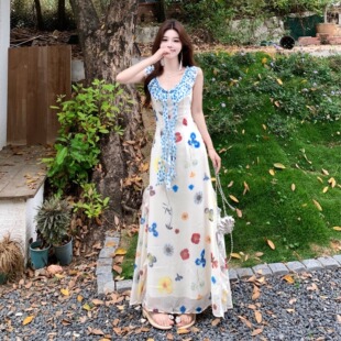 大码女装胖mm高级感印花连衣裙女夏季甜美多巴胺海边度假长裙子