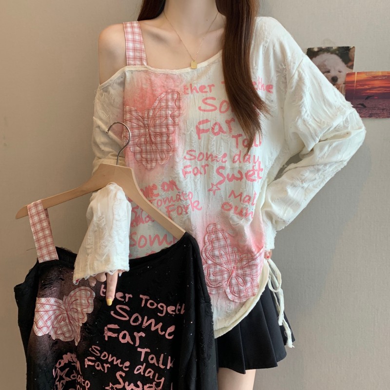 糖果儿大码女胖MM秋季新款韩版撞色露单肩刺绣蝴蝶结抽绳长袖上衣