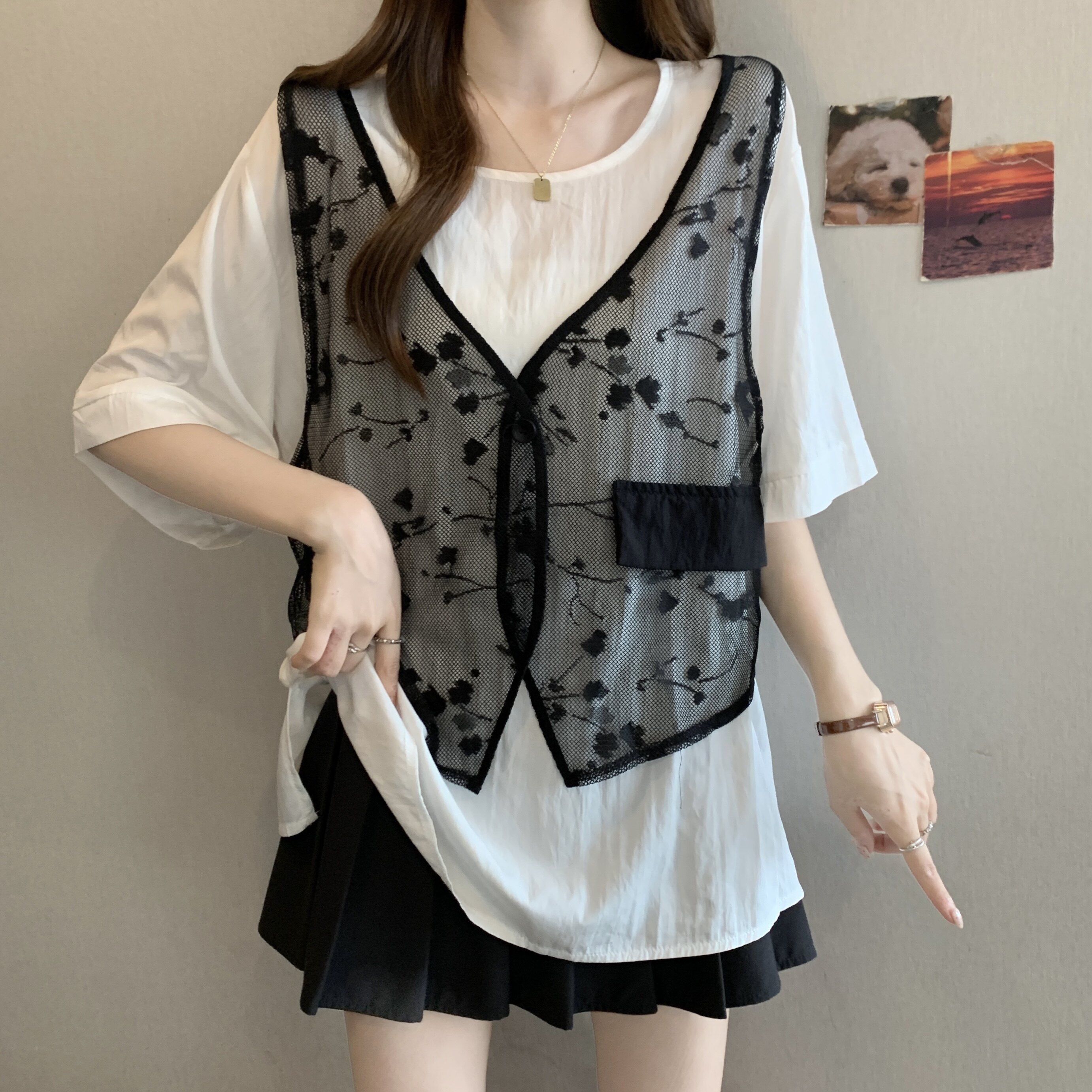 韩版假两件蕾丝拼接休闲宽松短袖衬衫胖妹妹遮肚显瘦设计感T恤