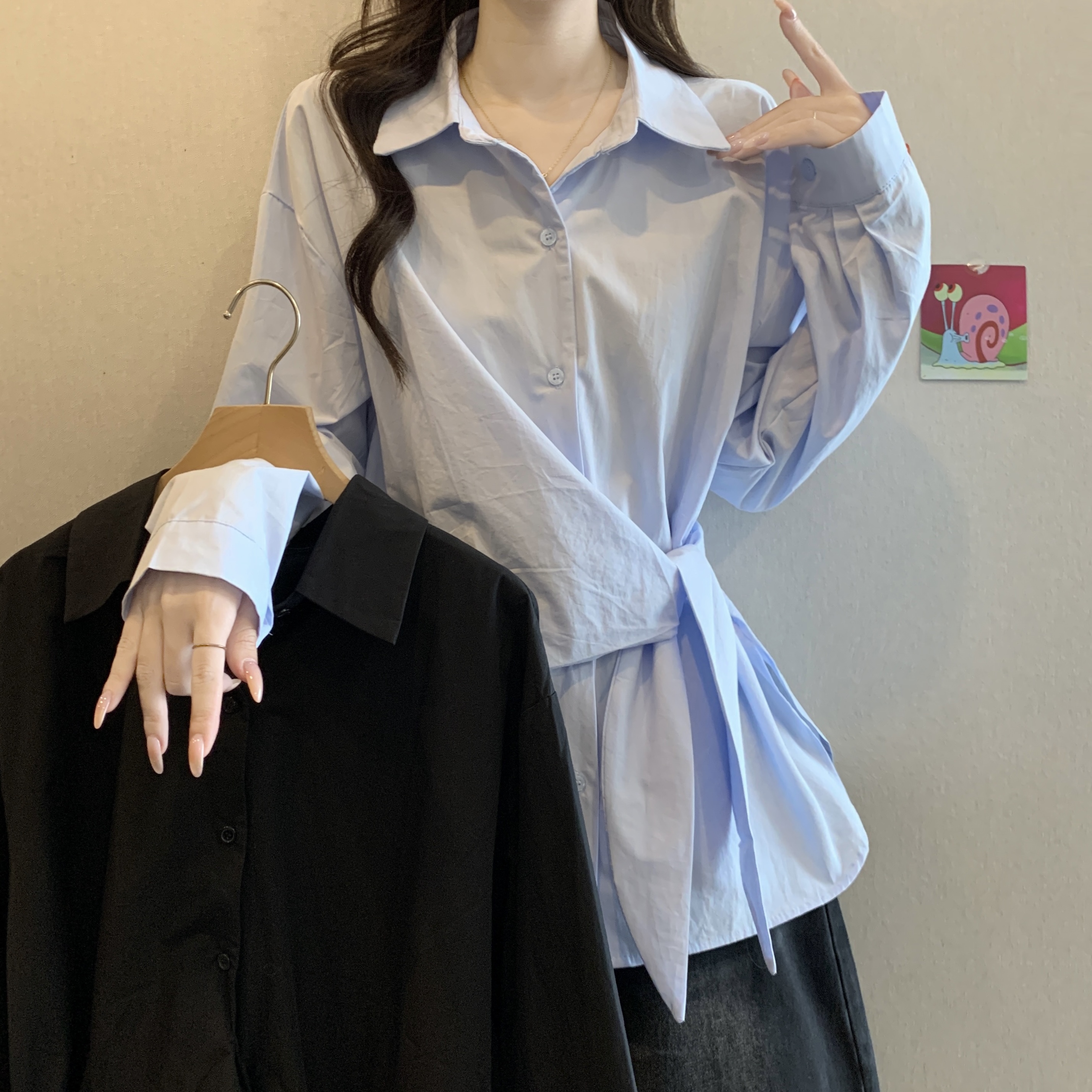 设计感不规则绑带长袖衬衫