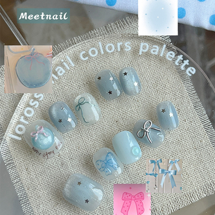 咬一口苹果 蓝色蝴蝶结立体捏捏玻璃珠腮红星星彩铅手绘美甲