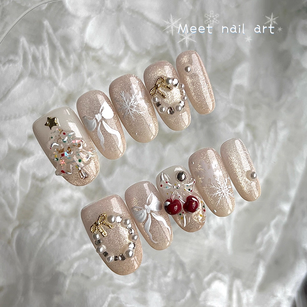 圣诞来信 | 圣诞树纯手工穿戴甲圣诞氛围感美甲贴片可拆卸假指甲