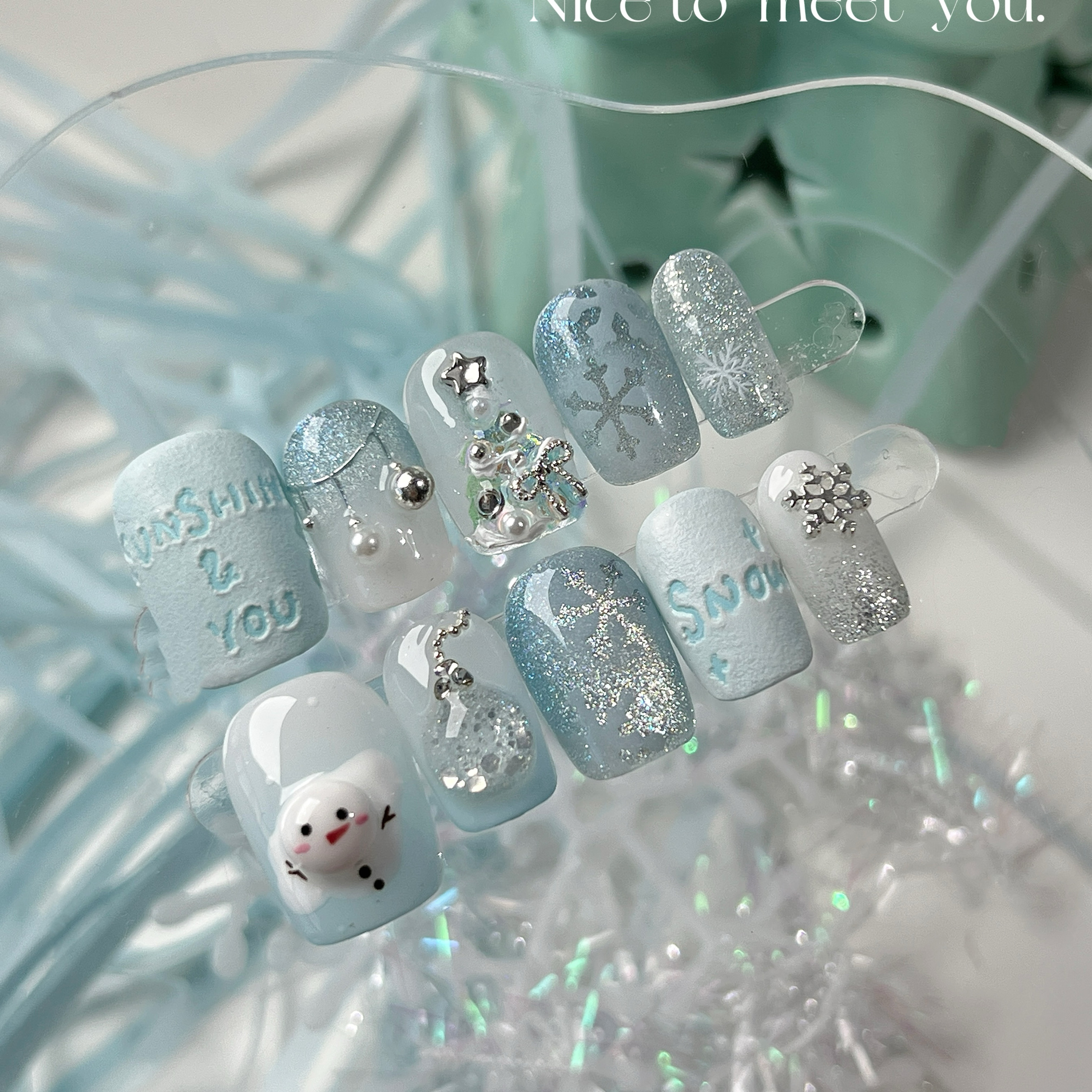 冬日童话捏捏雪花雪人圣诞树圣诞节蓝色穿戴甲美甲立体meetnail