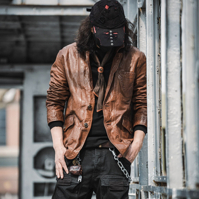 C77003-马皮复古做旧皮衣男款真皮街头通勤春秋机车皮衣休闲夹克