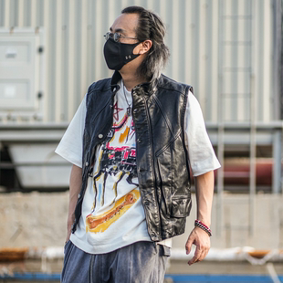 时尚 水洗做旧美式 透气坎肩 休闲复古山羊皮机车马夹男式 C75025男士