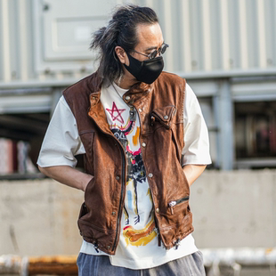 C75033男士马夹休闲复古山羊皮机车男式水洗做旧美式时尚透气坎肩