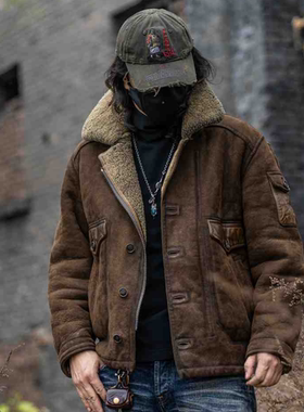 T76071-男款皮毛一体复古水洗做旧工艺保暖皮草休闲皮毛一体男款