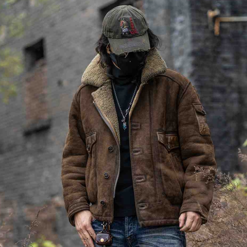 T76071-男款皮毛一体复古水洗做旧工艺保暖皮草休闲皮毛一体男款