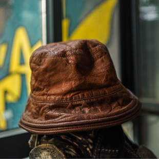 M616男款经典复古水洗做旧无涂层山羊皮渔夫帽潮流时尚真皮盆帽