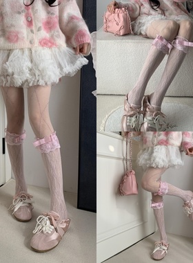 温柔叠奏2026春季千金感蕾丝镂空蝴蝶结小腿袜叠搭菱格细闪连裤袜