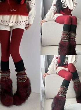 圣诞树下的氛围感密码红色波浪纹连裤袜叠搭费尔岛风针织堆堆袜套