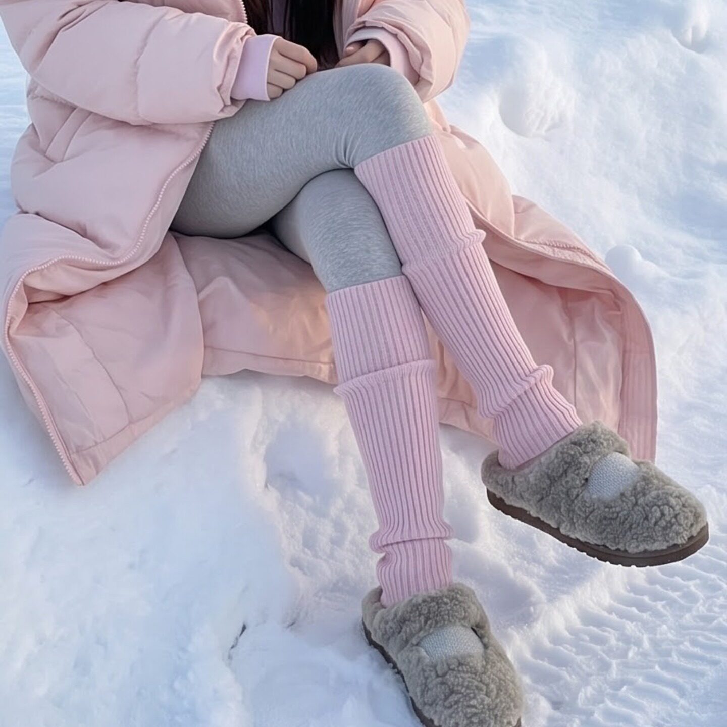 粉雾雪境 冬季浅粉竖纹针织袜套长筒袜