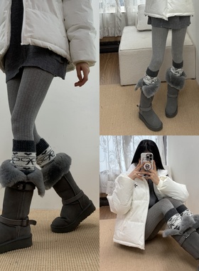 织梦之境2025冬季莫瑞系灰色连裤袜叠搭同色系费尔岛蝴蝶结袜套