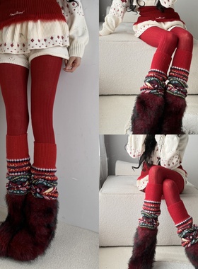 新年派对时髦炸弹~2026红色竖纹连裤袜叠搭费尔岛民族风针织袜套