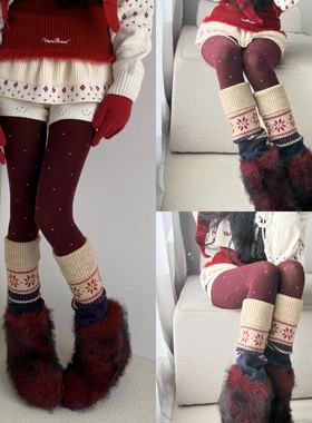 圣诞雪夜的穿搭公式~红色波点连裤袜叠搭复古费尔岛雪花针织袜套