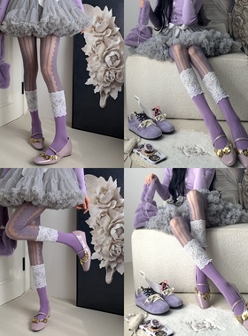 Yiss小众实验室~设计款蕾丝拼接小腿袜叠搭蕾丝竖纹连裤袜