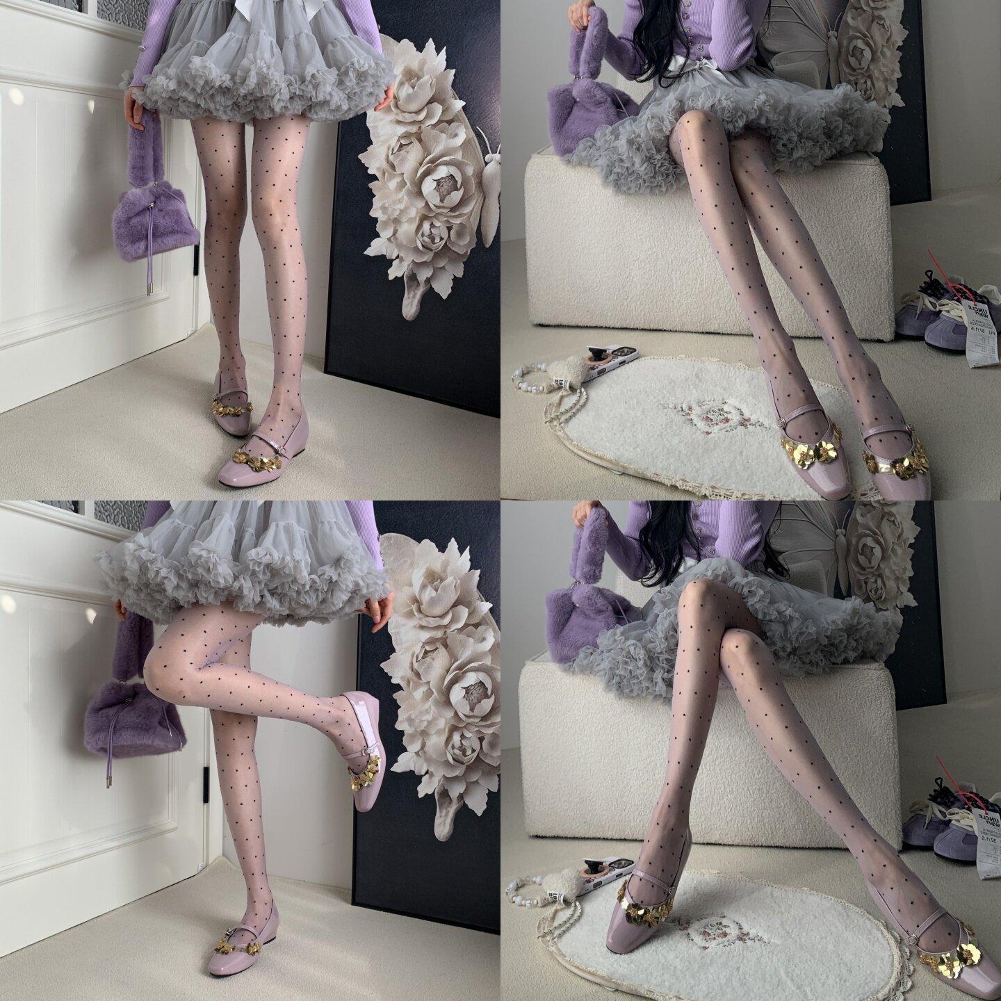 Less is More法则芭蕾风氛围感微透波点紫色连裤袜女显瘦打底丝袜